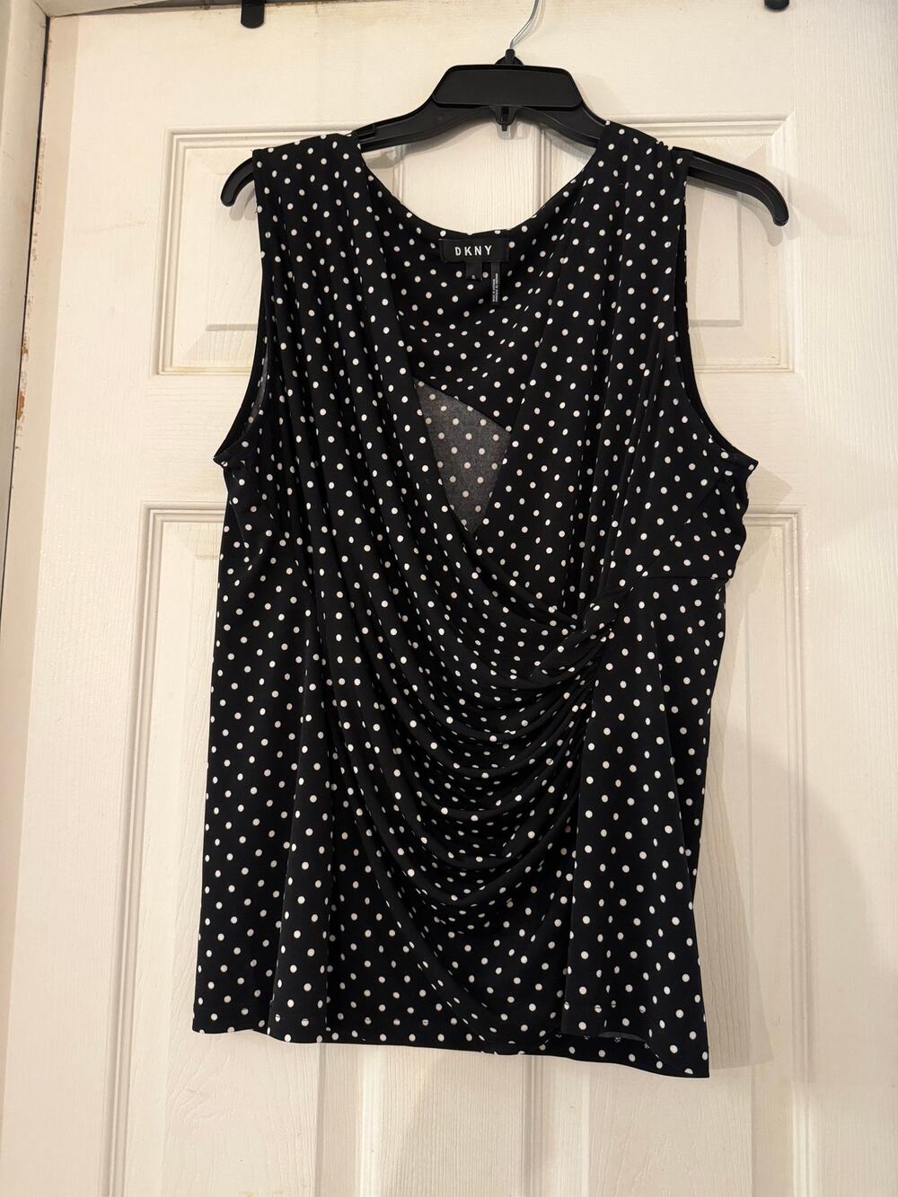 DKNY Black & White Polka Dot Draped Faux Wrap Sleeveless Top Blouse XL